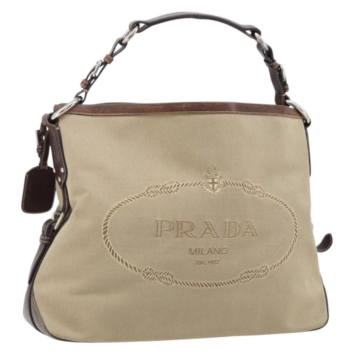 PRADA Shoulder Bag Canvas Beige Silver Auth YKZ082A