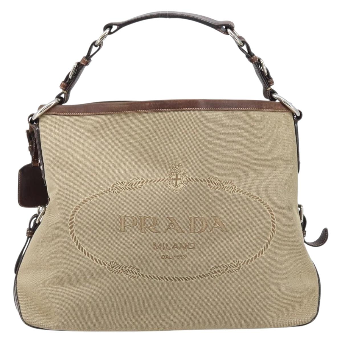 PRADA Shoulder Bag Canvas Beige Silver Auth YKZ082A