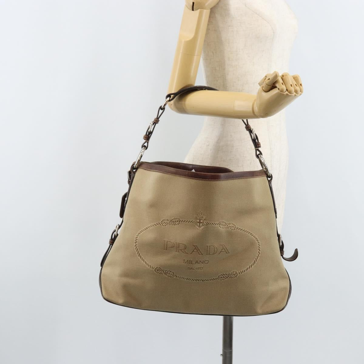 PRADA Shoulder Bag Canvas Beige Silver Auth YKZ082A
