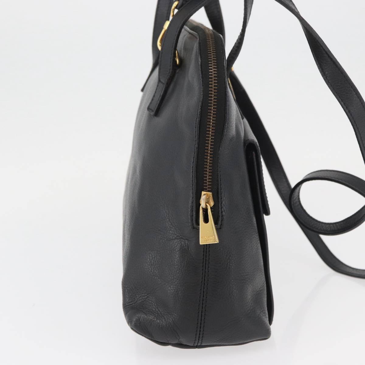 CELINE Circle Hand Bag Leather 2way Black Gold Auth YKZ085