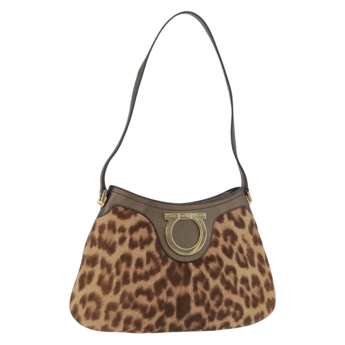 Salvatore Ferragamo Gancini Bag Unborn Calf Skin Brown Gold Auth YKZ1009A
