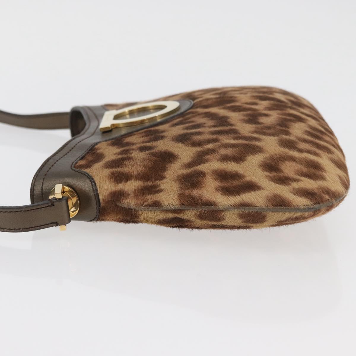 Salvatore Ferragamo Gancini Bag Unborn Calf Skin Brown Gold Auth YKZ1009A