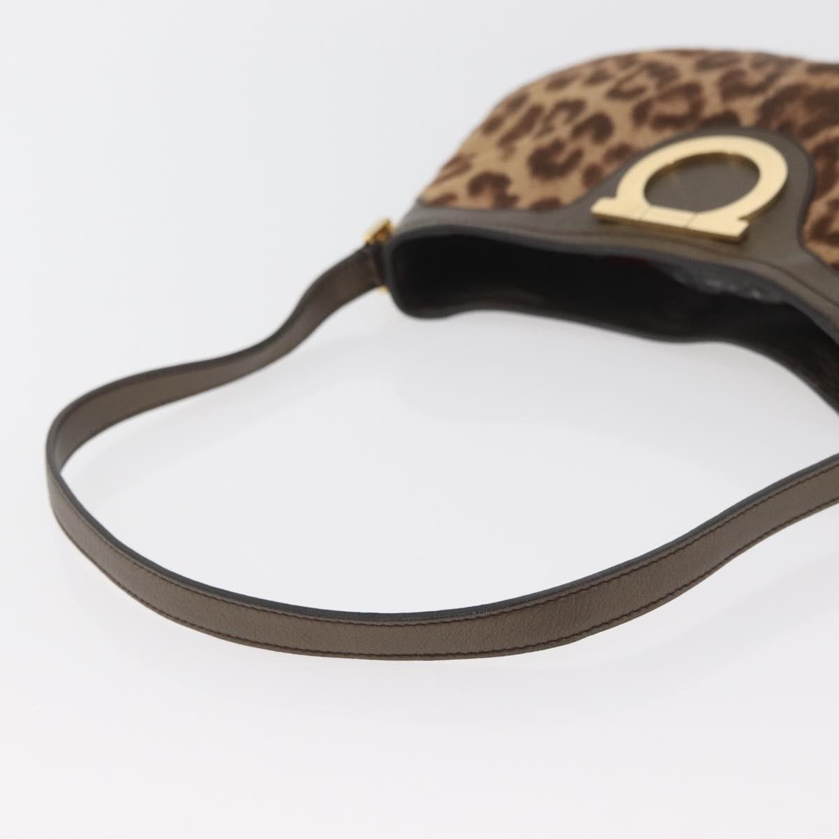 Salvatore Ferragamo Gancini Bag Unborn Calf Skin Brown Gold Auth YKZ1009A