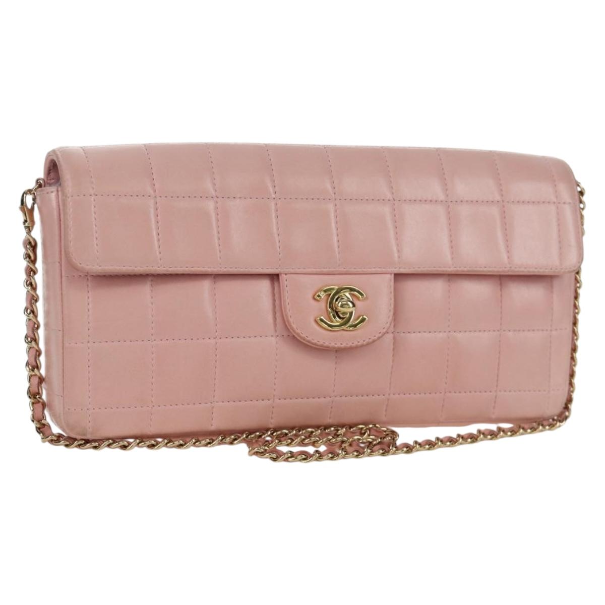 CHANEL Choco Bar Chain Shoulder Bag Lamb Skin Pink Gold CC Auth YKZ101SAV