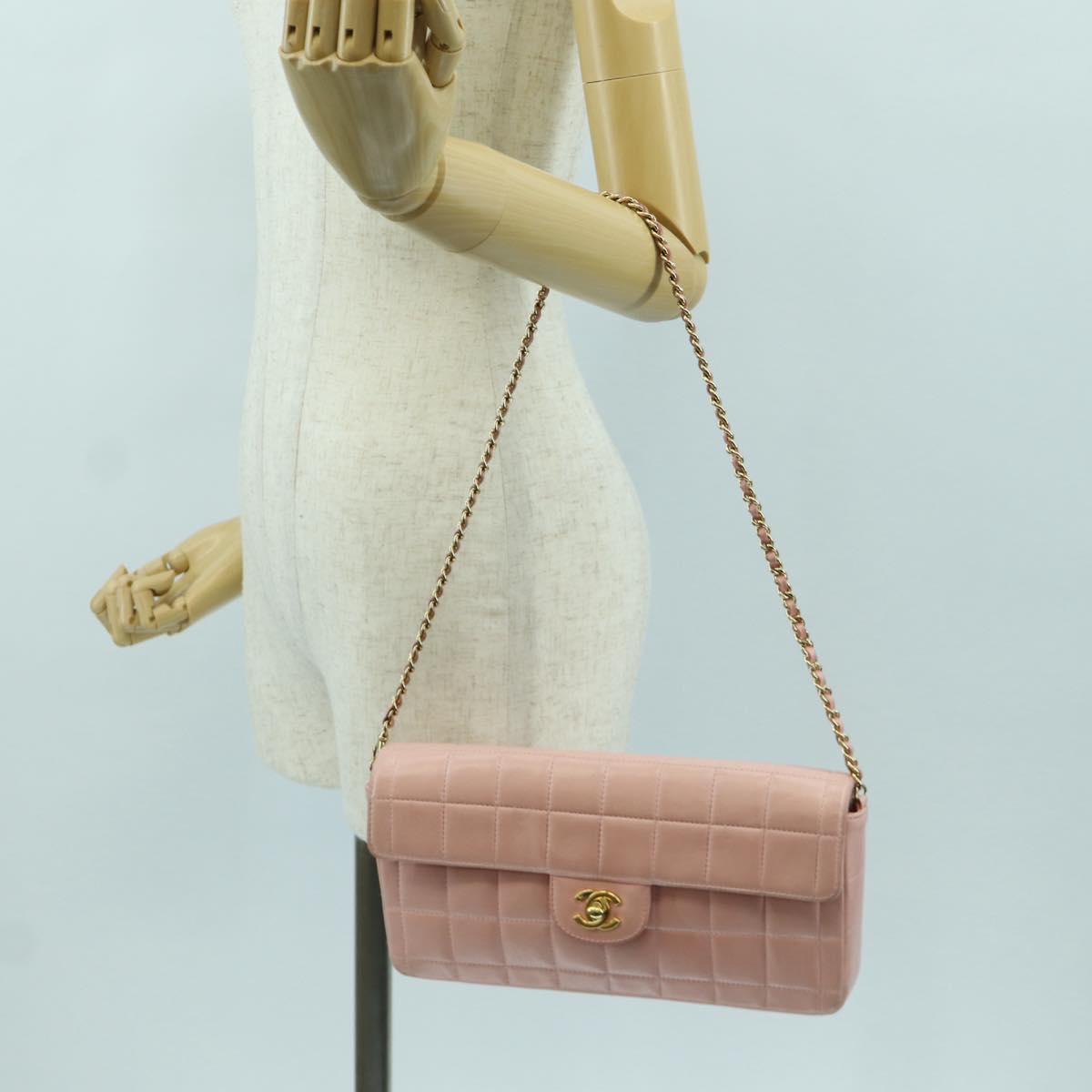 CHANEL Choco Bar Chain Shoulder Bag Lamb Skin Pink Gold CC Auth YKZ101SAV