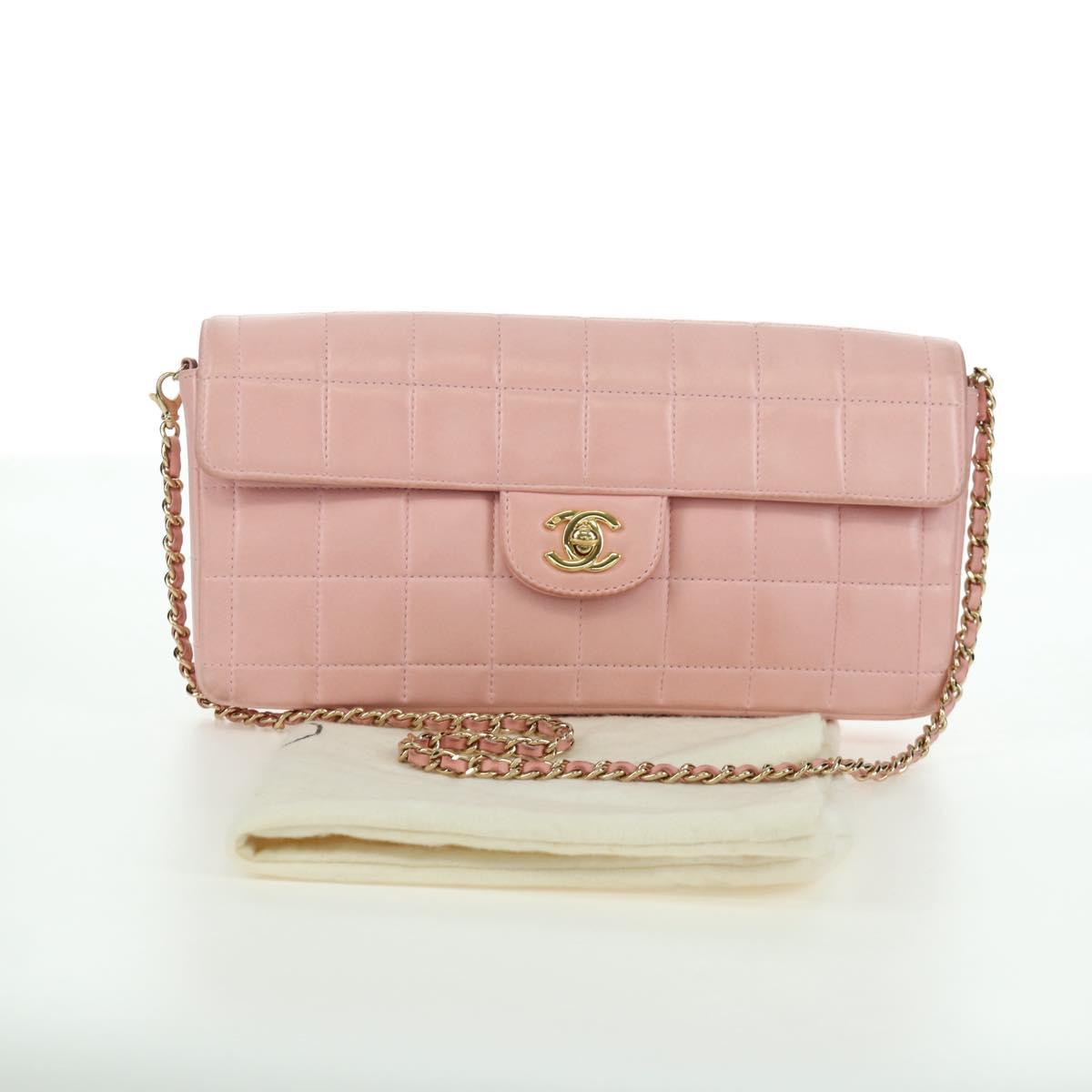CHANEL Choco Bar Chain Shoulder Bag Lamb Skin Pink Gold CC Auth YKZ101SAV