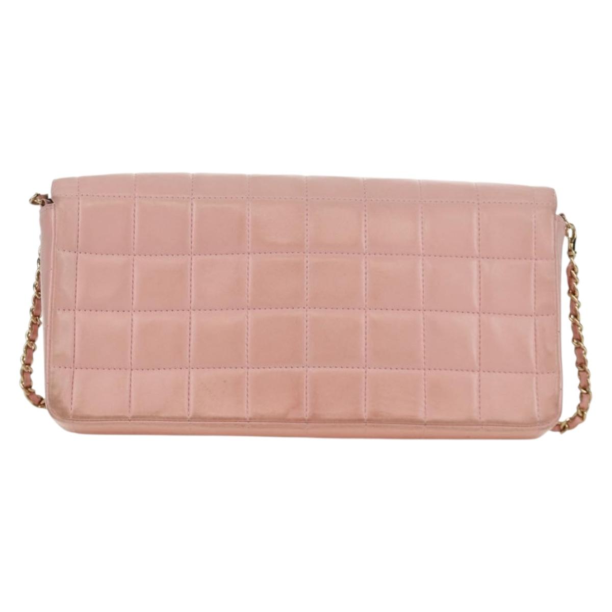 CHANEL Choco Bar Chain Shoulder Bag Lamb Skin Pink Gold CC Auth YKZ101SAV