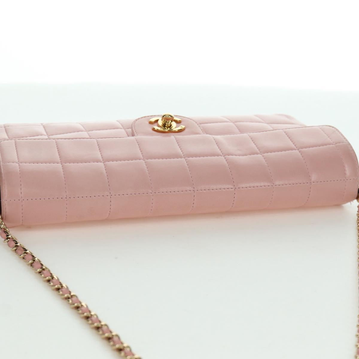 CHANEL Choco Bar Chain Shoulder Bag Lamb Skin Pink Gold CC Auth YKZ101SAV