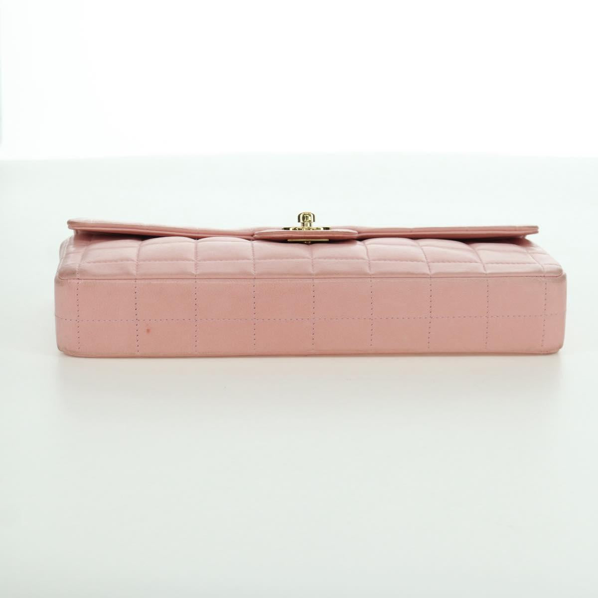 CHANEL Choco Bar Chain Shoulder Bag Lamb Skin Pink Gold CC Auth YKZ101SAV