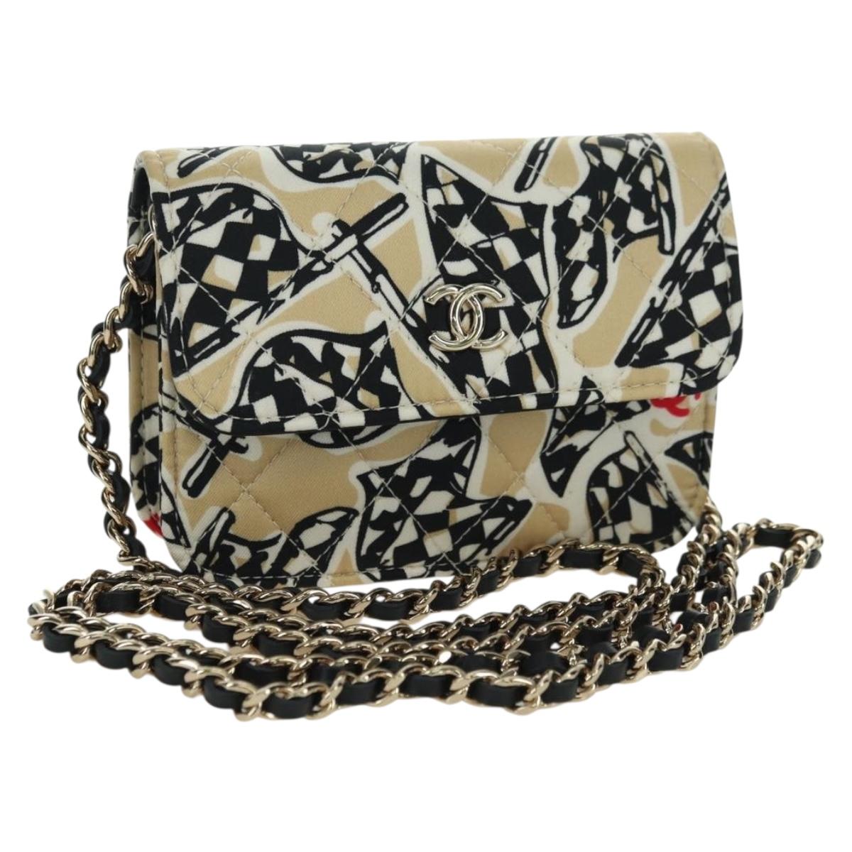 CHANEL Matelasse Checker Flag Chain Pouch Cotton Beige CC Auth YKZ1020SAM