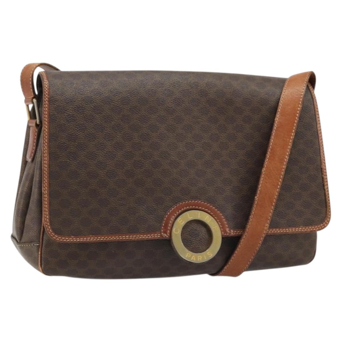CELINE Macadam Canvas Circle Shoulder Bag PVC Leather Brown Gold Auth YKZ1025