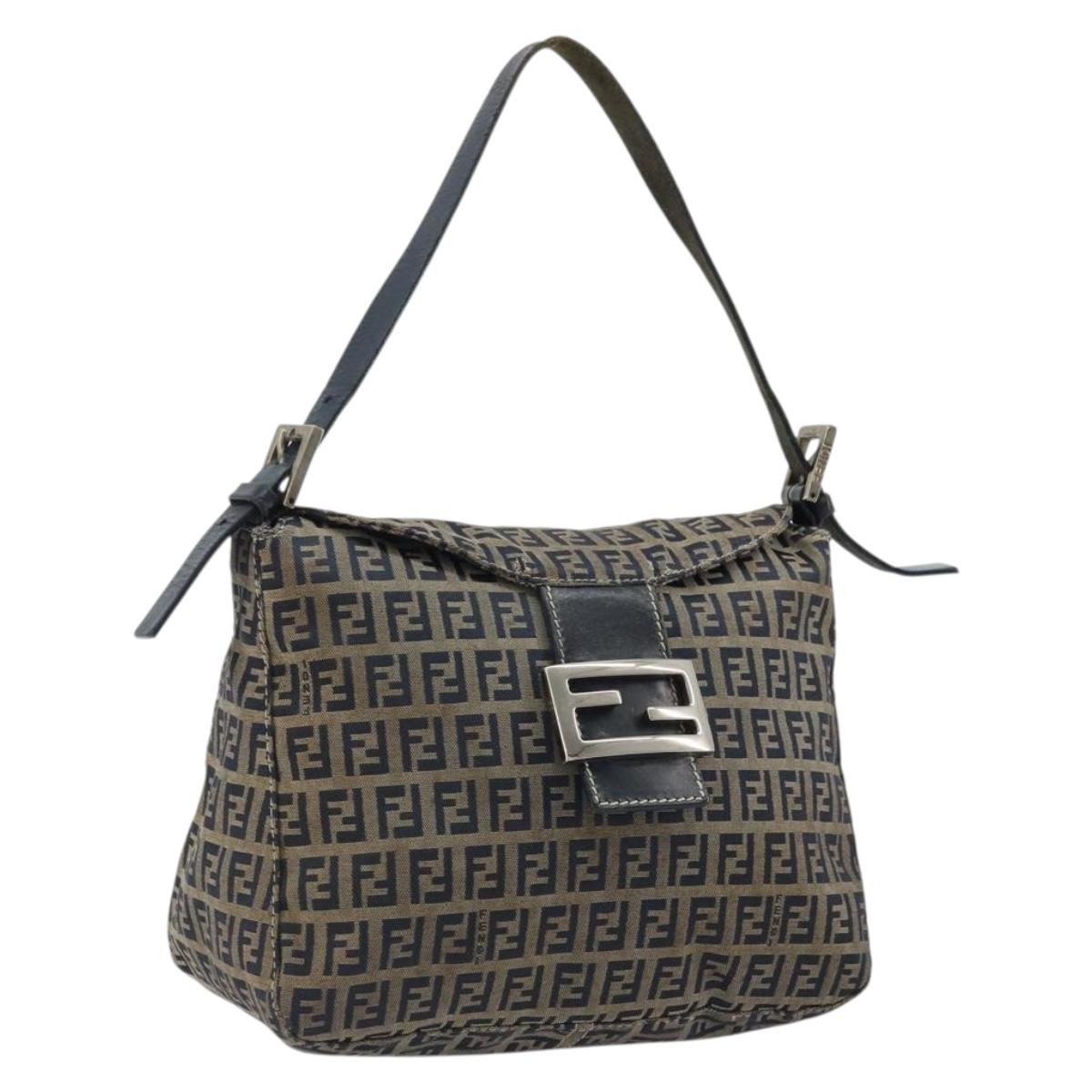 FENDI Zucchino Canvas Mamma Baguette Shoulder Bag Navy Silver Auth YKZ1029A