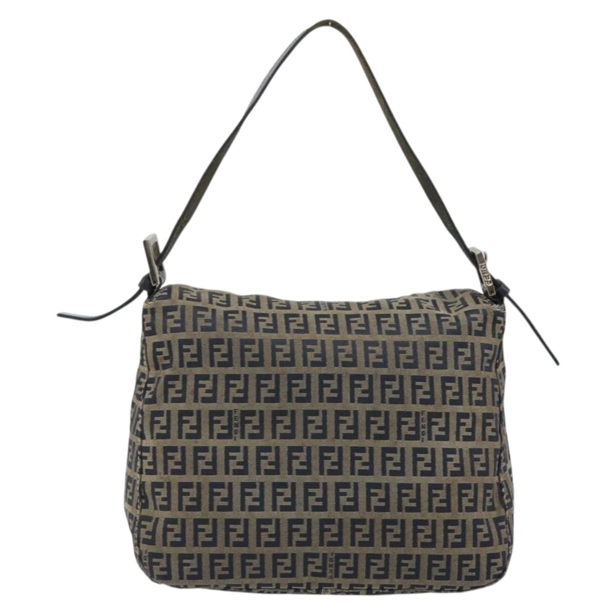 FENDI Zucchino Canvas Mamma Baguette Shoulder Bag Navy Silver Auth YKZ1029A