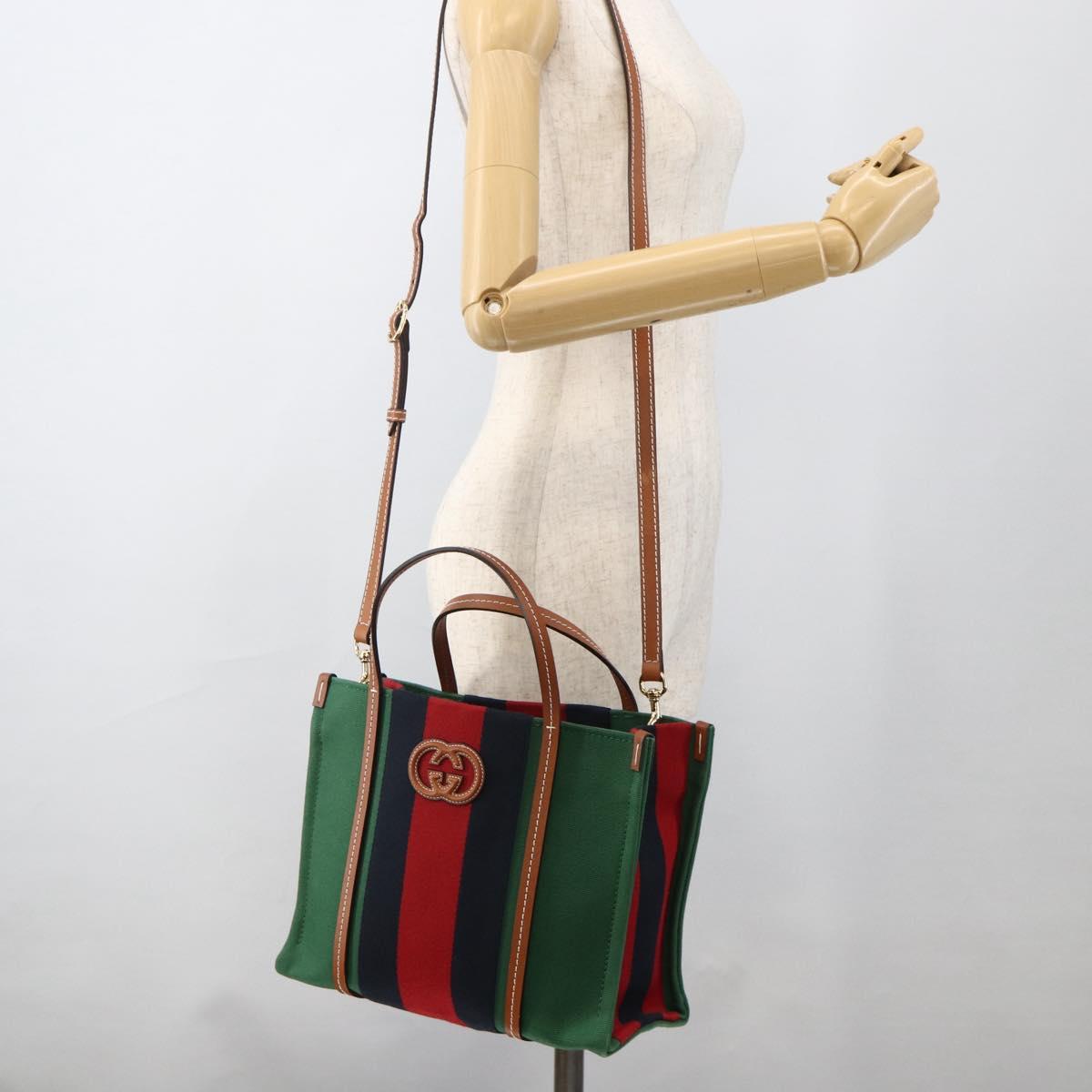 GUCCI Sherry Line Hand Bag Canvas 2way Green Gold Red 727728 Auth YKZ1033M