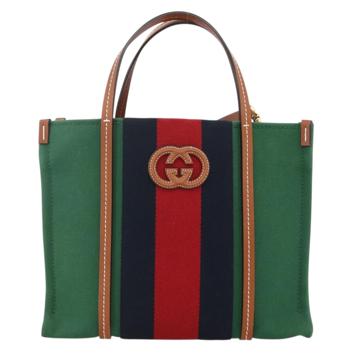 GUCCI Sherry Line Hand Bag Canvas 2way Green Gold Red 727728 Auth YKZ1033M
