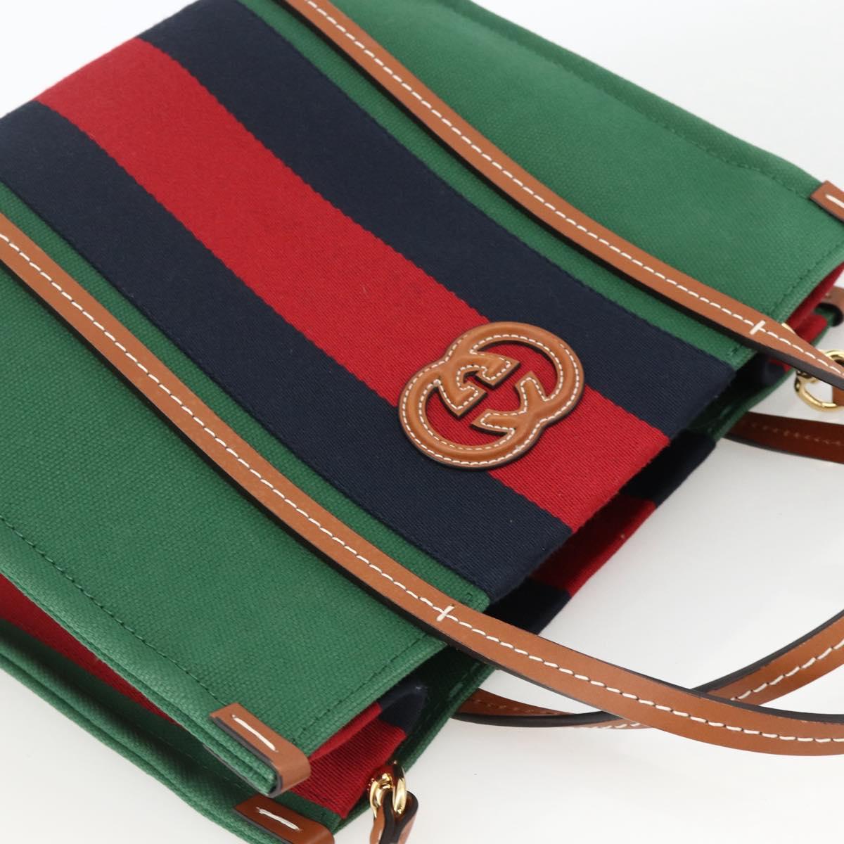GUCCI Sherry Line Hand Bag Canvas 2way Green Gold Red 727728 Auth YKZ1033M