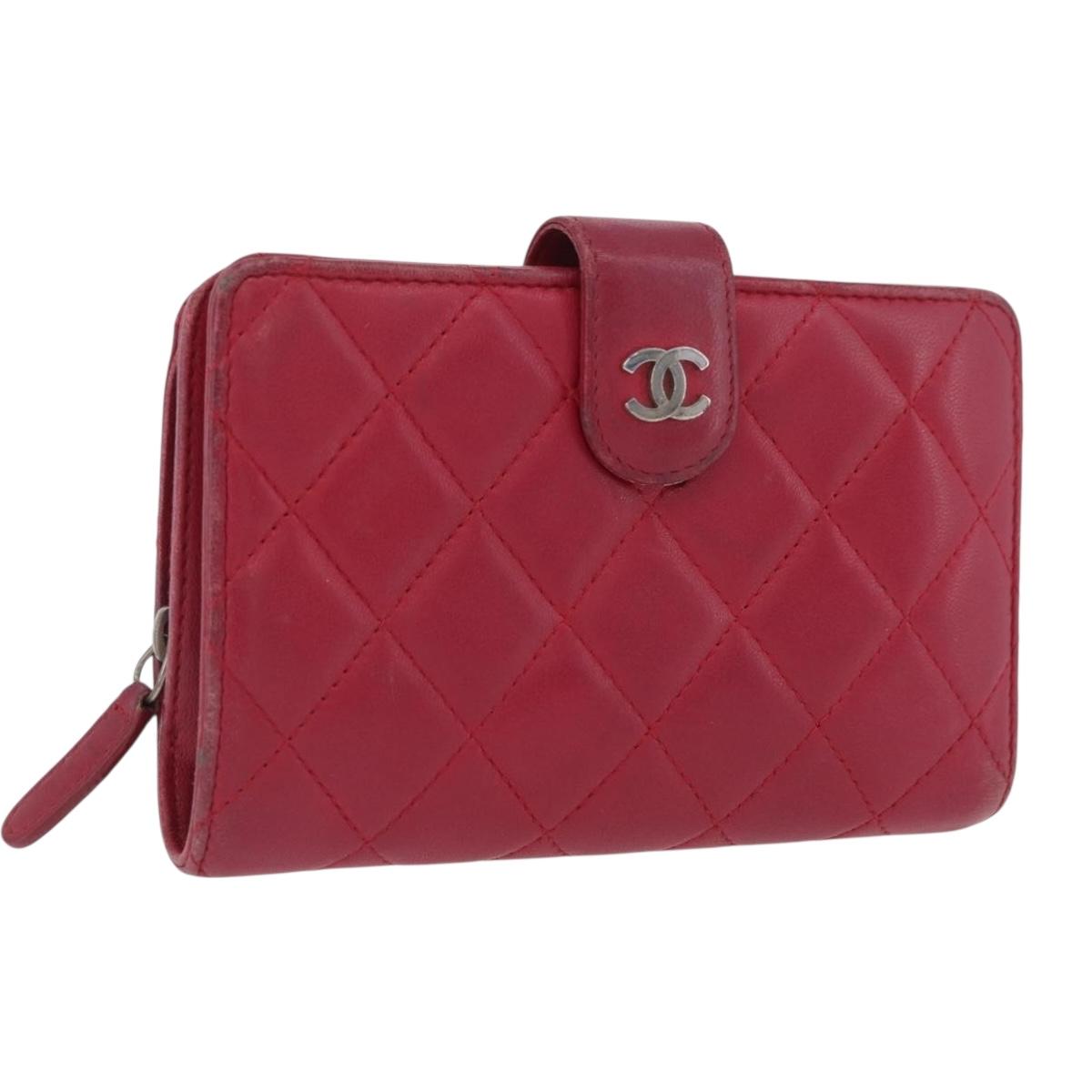 CHANEL Matelasse Bifold Wallet Lamb Skin Red Silver CC Auth YKZ104