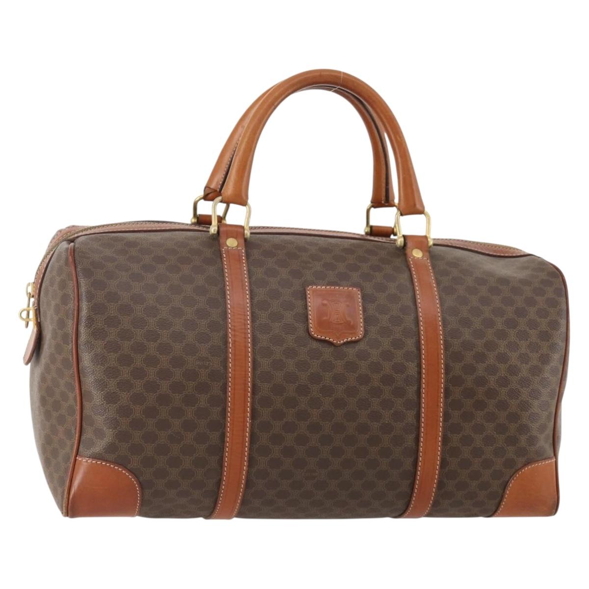 CELINE Macadam Canvas Boston Bag PVC Leather Brown Gold Auth YKZ108
