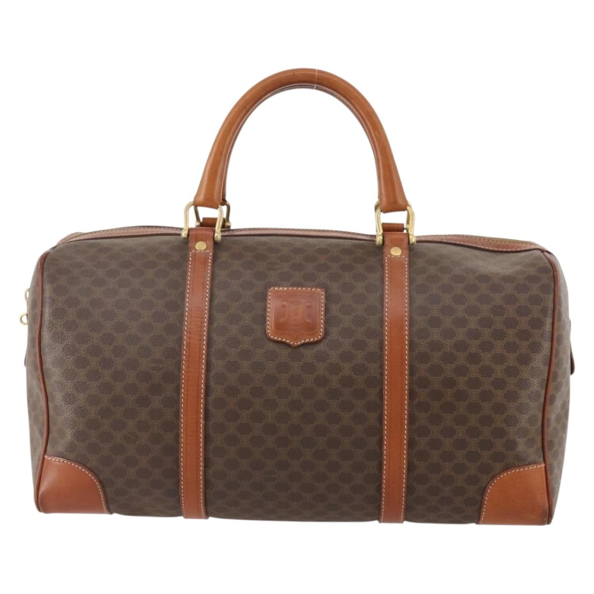 CELINE Macadam Canvas Boston Bag PVC Leather Brown Gold Auth YKZ108