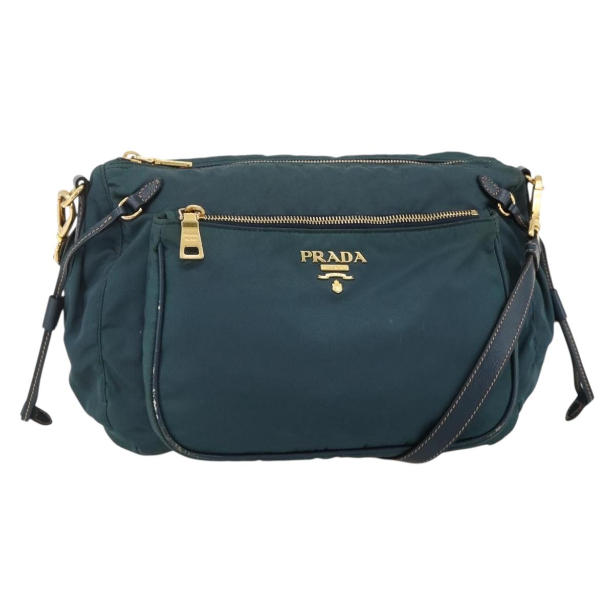 PRADA Shoulder Bag Nylon Green Gold Auth YKZ1088