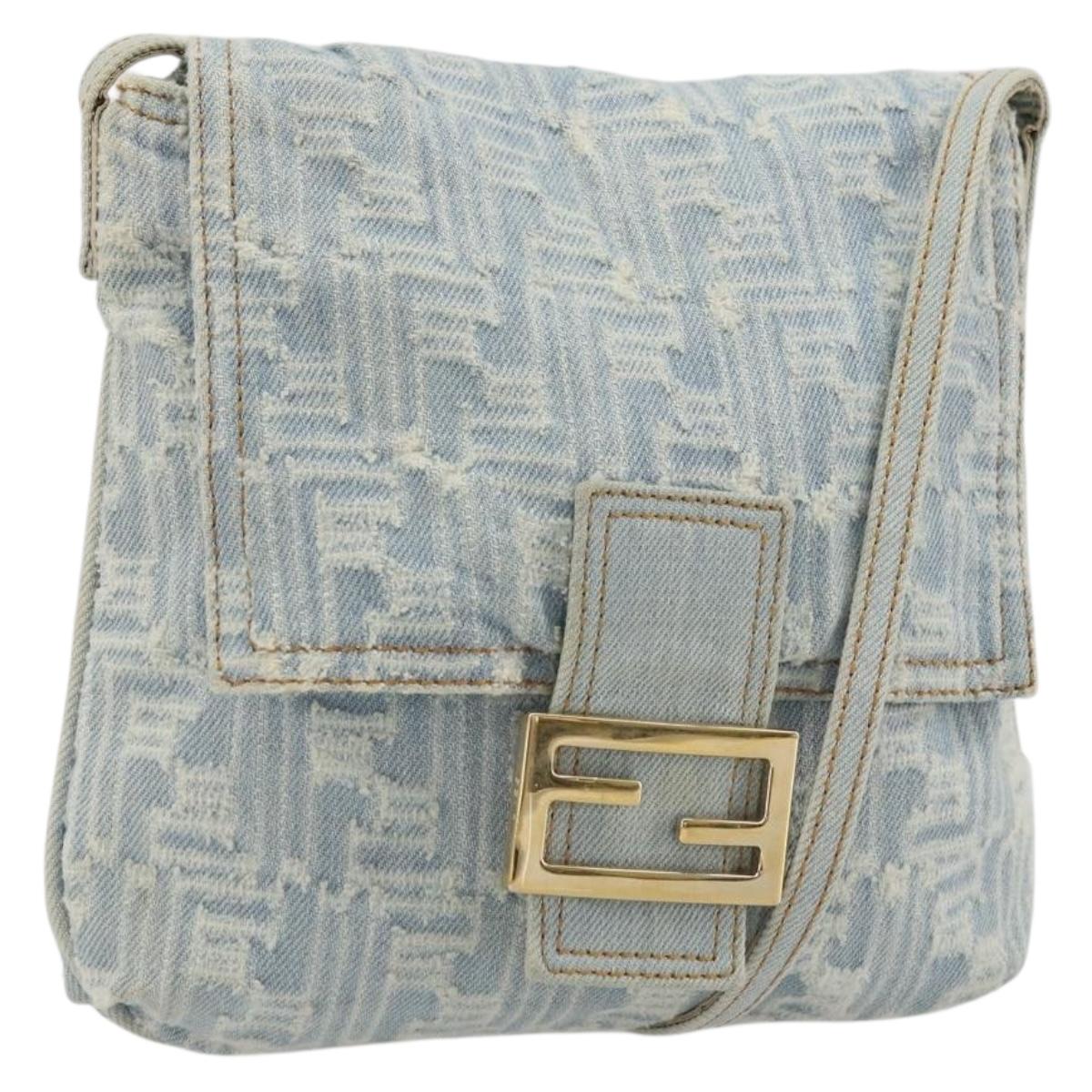 FENDI Zucca Canvas Mamma Baguette Shoulder Bag Blue Gold Auth YKZ1096V