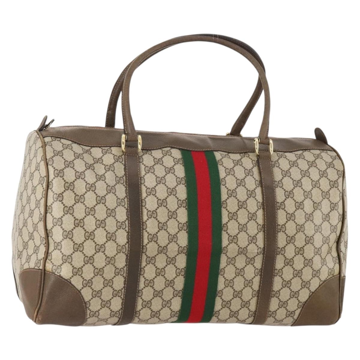 GUCCI GG Supreme Web Sherry Line Boston Bag PVC Beige Gold Red Auth YKZ109A