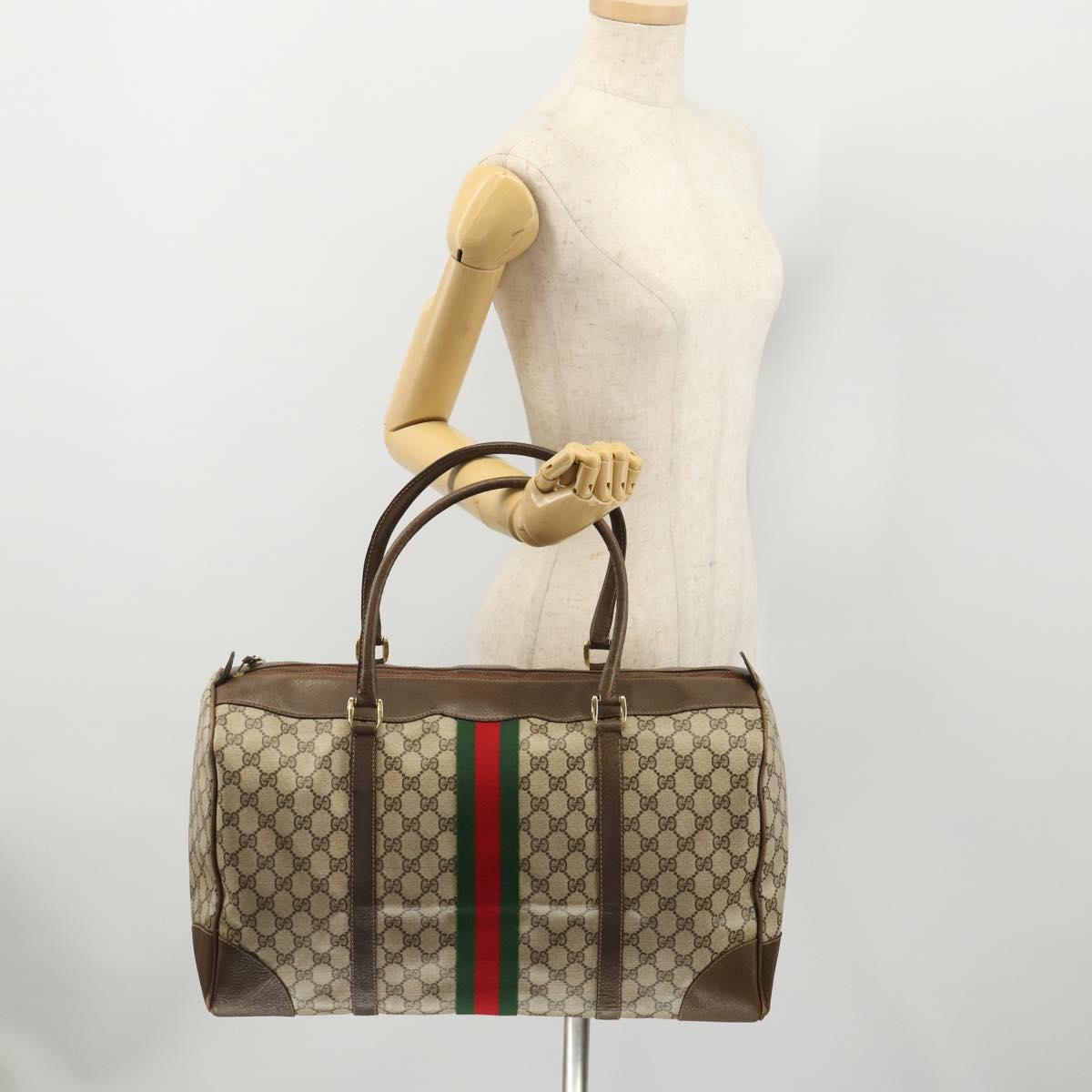 GUCCI GG Supreme Web Sherry Line Boston Bag PVC Beige Gold Red Auth YKZ109A