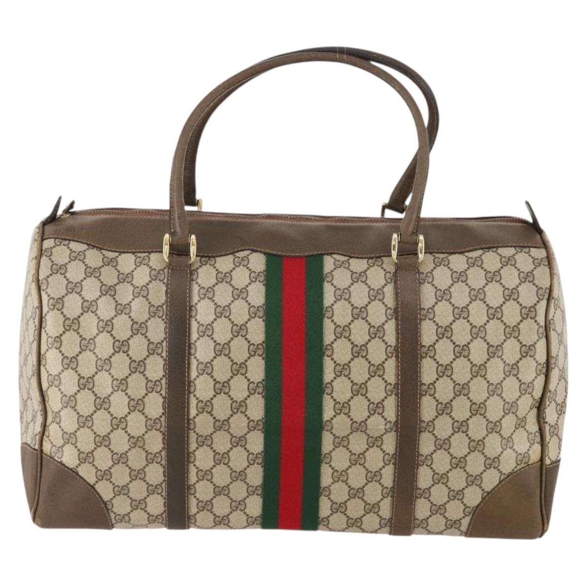GUCCI GG Supreme Web Sherry Line Boston Bag PVC Beige Gold Red Auth YKZ109A