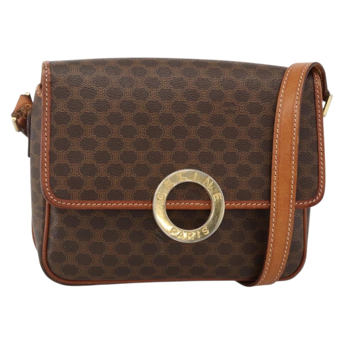 CELINE Macadam Canvas Circle Shoulder Bag PVC Leather Brown Gold Auth YKZ1118