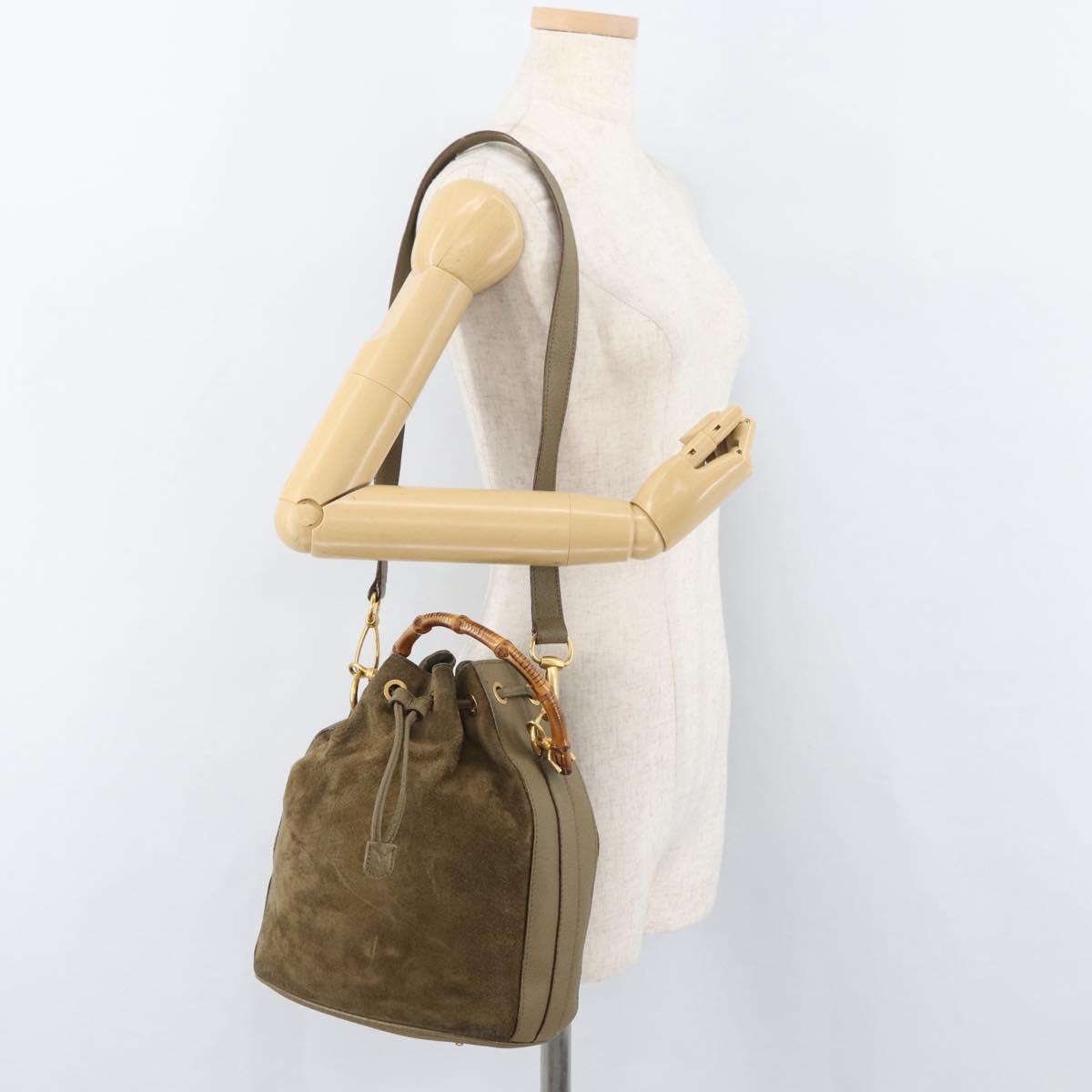 GUCCI Bamboo Purse Bag Suede 2way Khaki Gold 001 2865 1657 Auth YKZ1119A