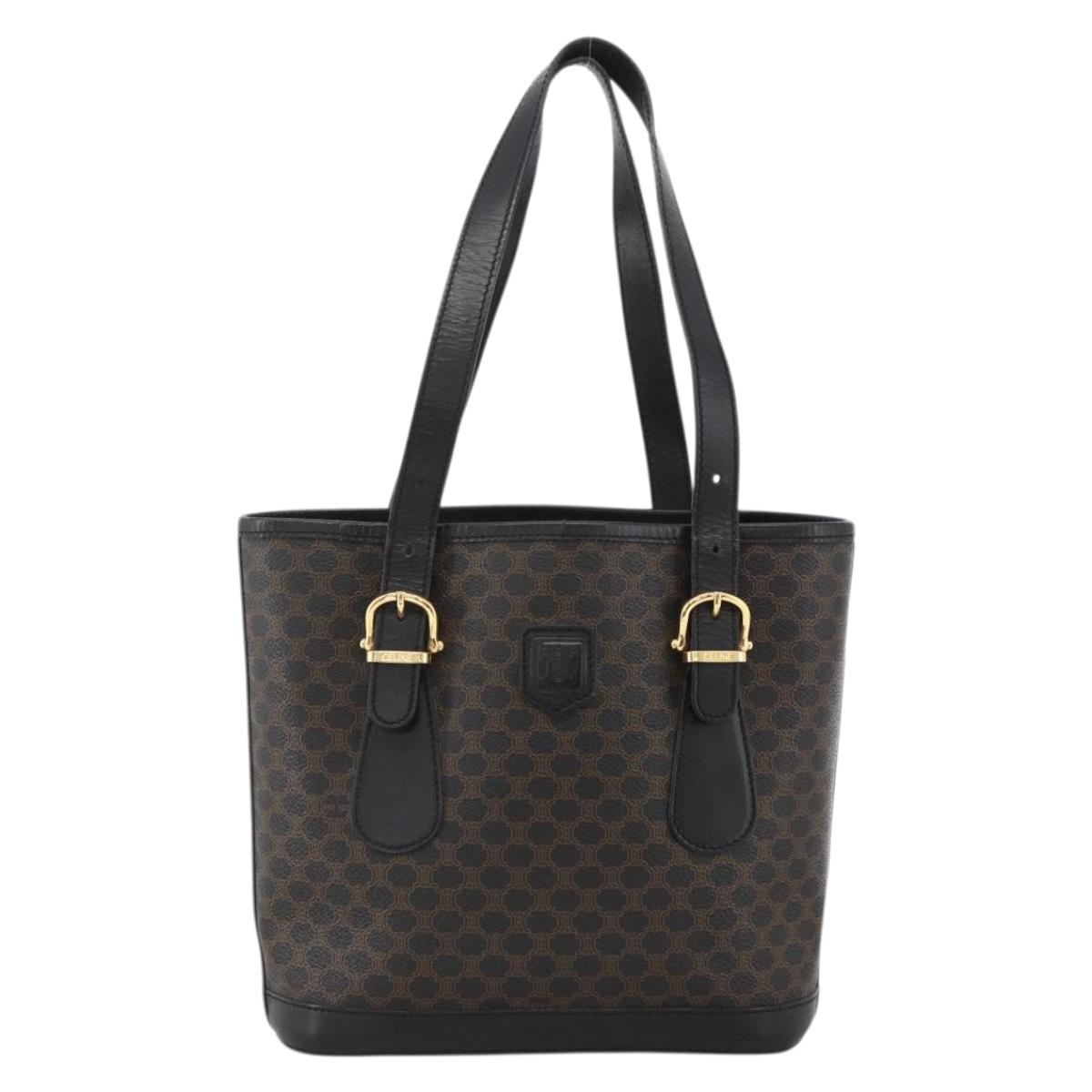 CELINE Macadam Canvas Tote Bag PVC Leather Black Gold Auth YKZ1148