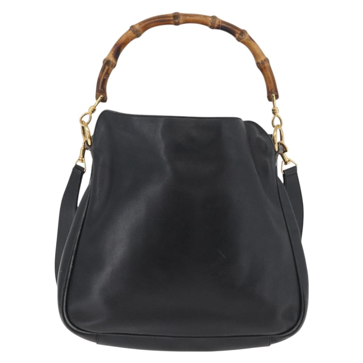 GUCCI Bamboo Hand Bag Leather 2way Black Gold Auth YKZ1153