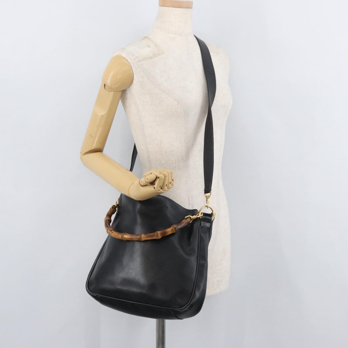 GUCCI Bamboo Hand Bag Leather 2way Black Gold Auth YKZ1153