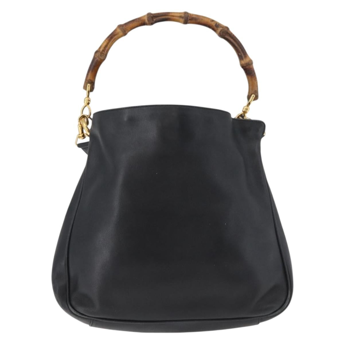 GUCCI Bamboo Hand Bag Leather 2way Black Gold Auth YKZ1153