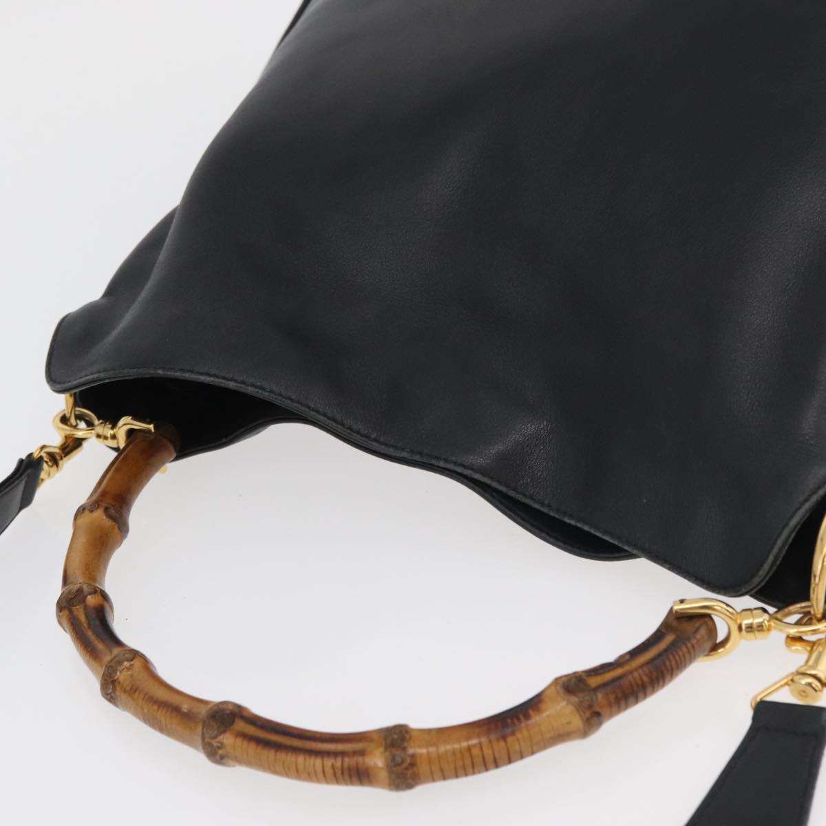 GUCCI Bamboo Hand Bag Leather 2way Black Gold Auth YKZ1153