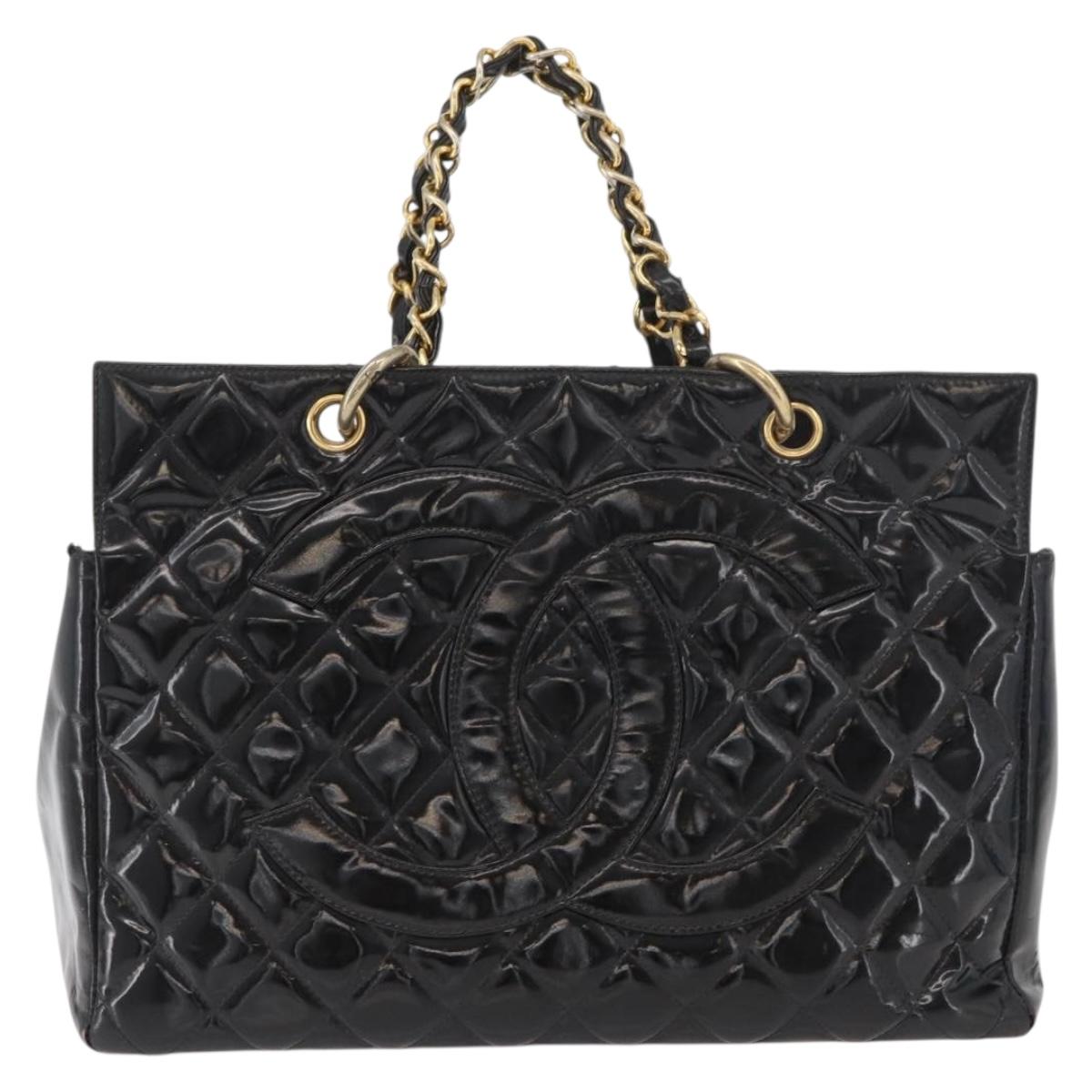 CHANEL Matelasse Chain Hand Bag Patent Leather Black Gold CC Auth YKZ1156A