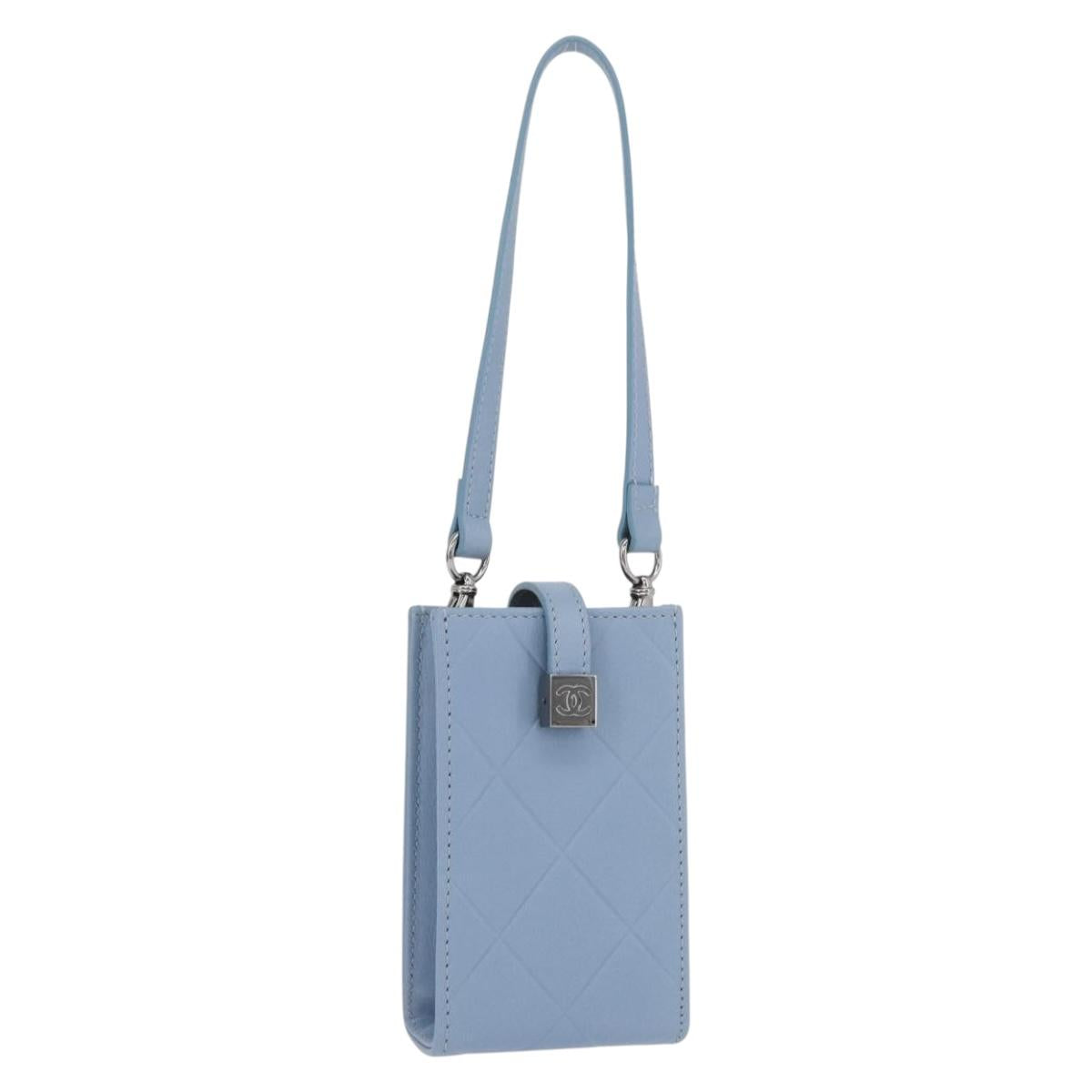 CHANEL Phone Case Pouch Lamb Skin Silver Light Blue CC Auth YKZ1179V