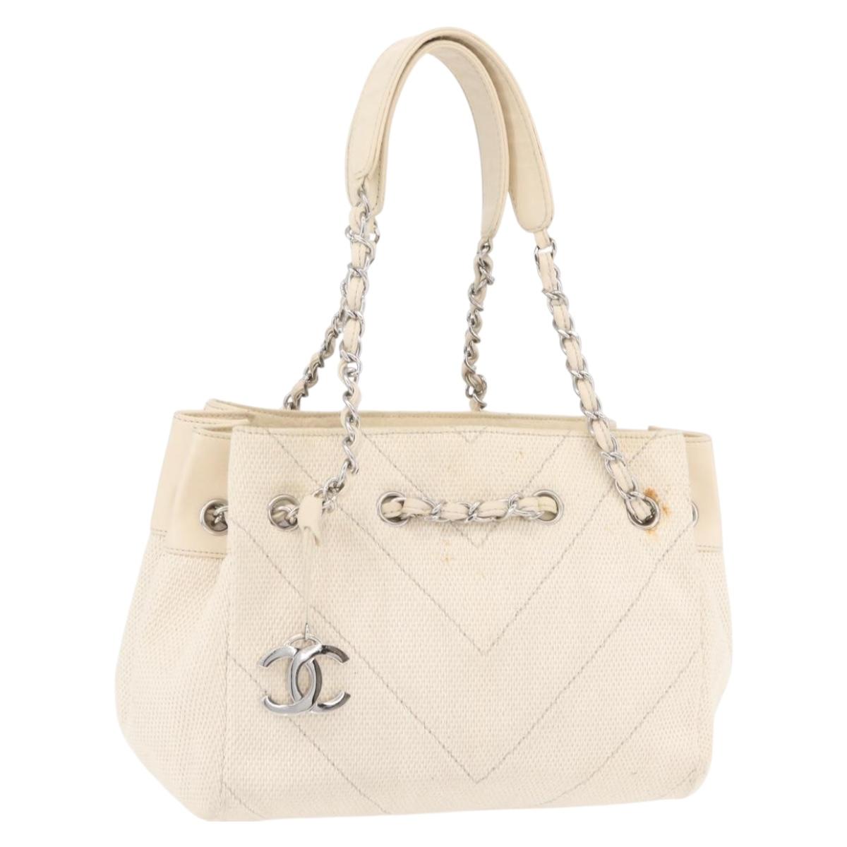 CHANEL Chain V Stitch Shoulder Bag Canvas Beige Silver CC Auth YKZ1182A