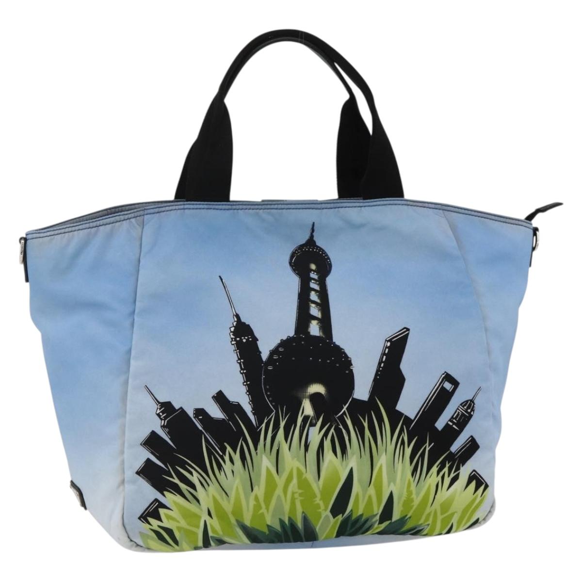 PRADA Tote Bag Nylon Blue Silver Auth YKZ1197