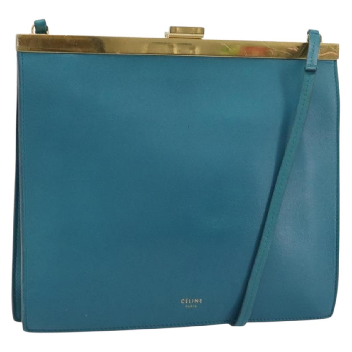 CELINE Mini Clasp Shoulder Bag Leather Blue Gold Auth YKZ1215A