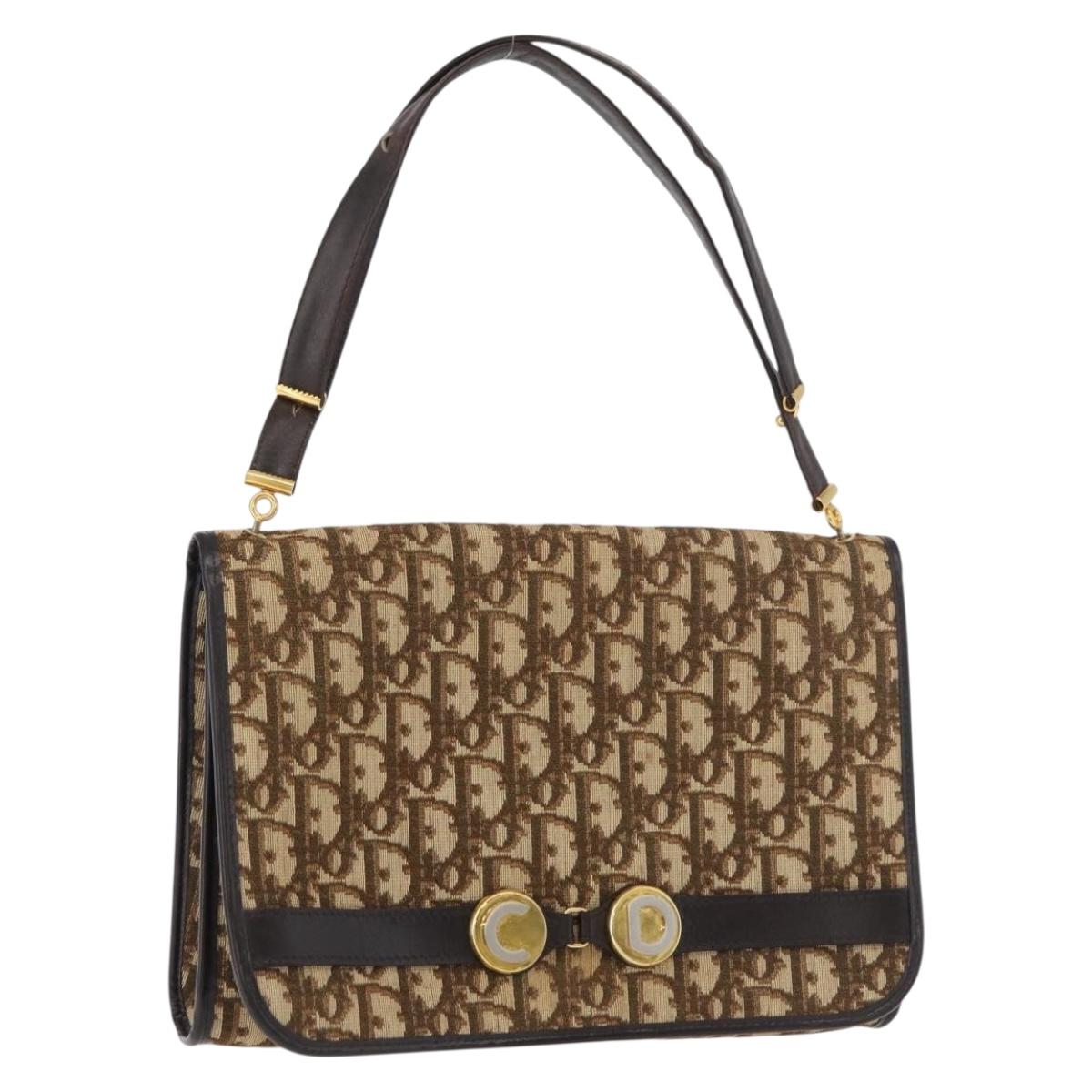 Christian Dior Trotter Canvas Shoulder Bag Beige Gold Auth YKZ1238A