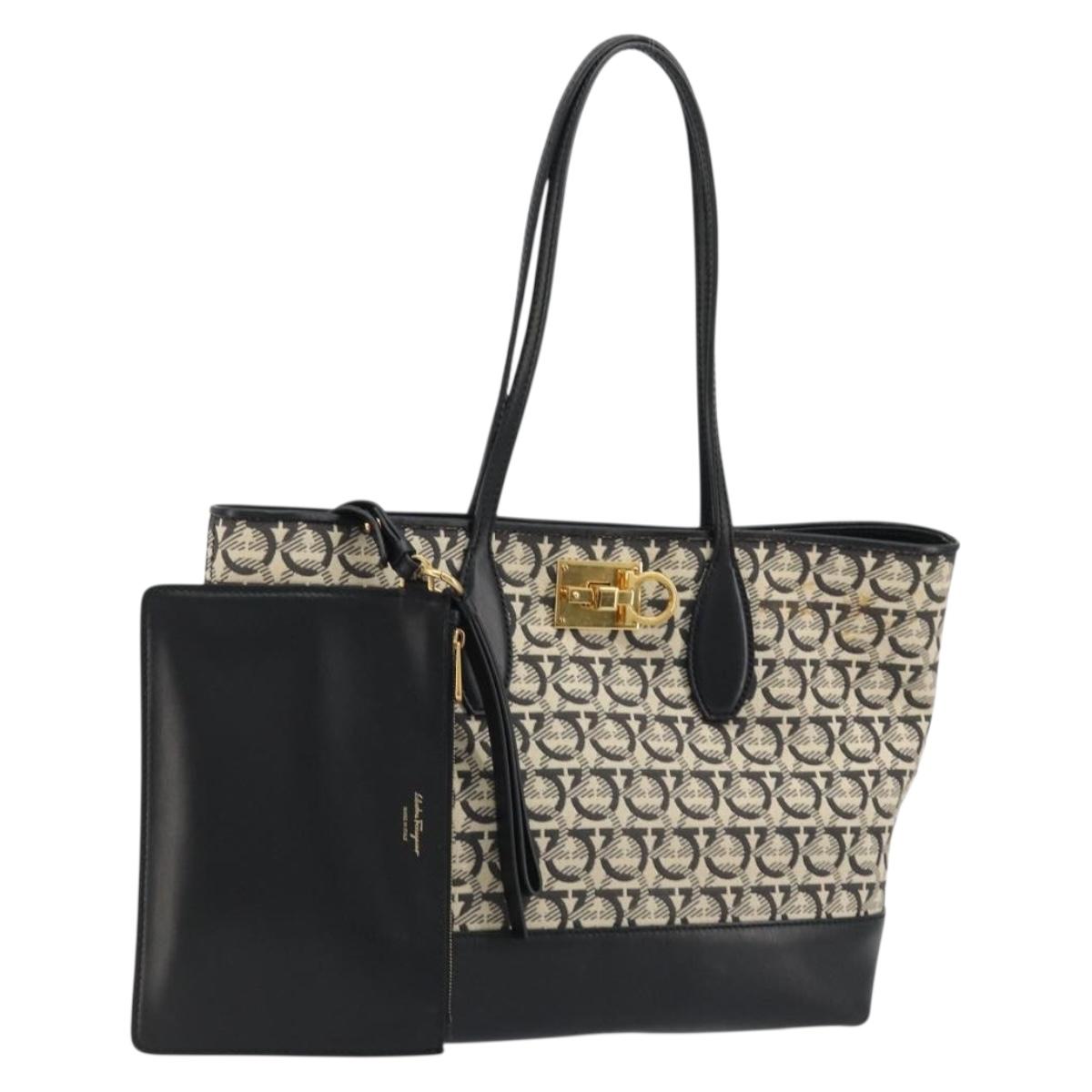 Salvatore Ferragamo Gancini Tote Bag Canvas Black Gold Auth YKZ1252A