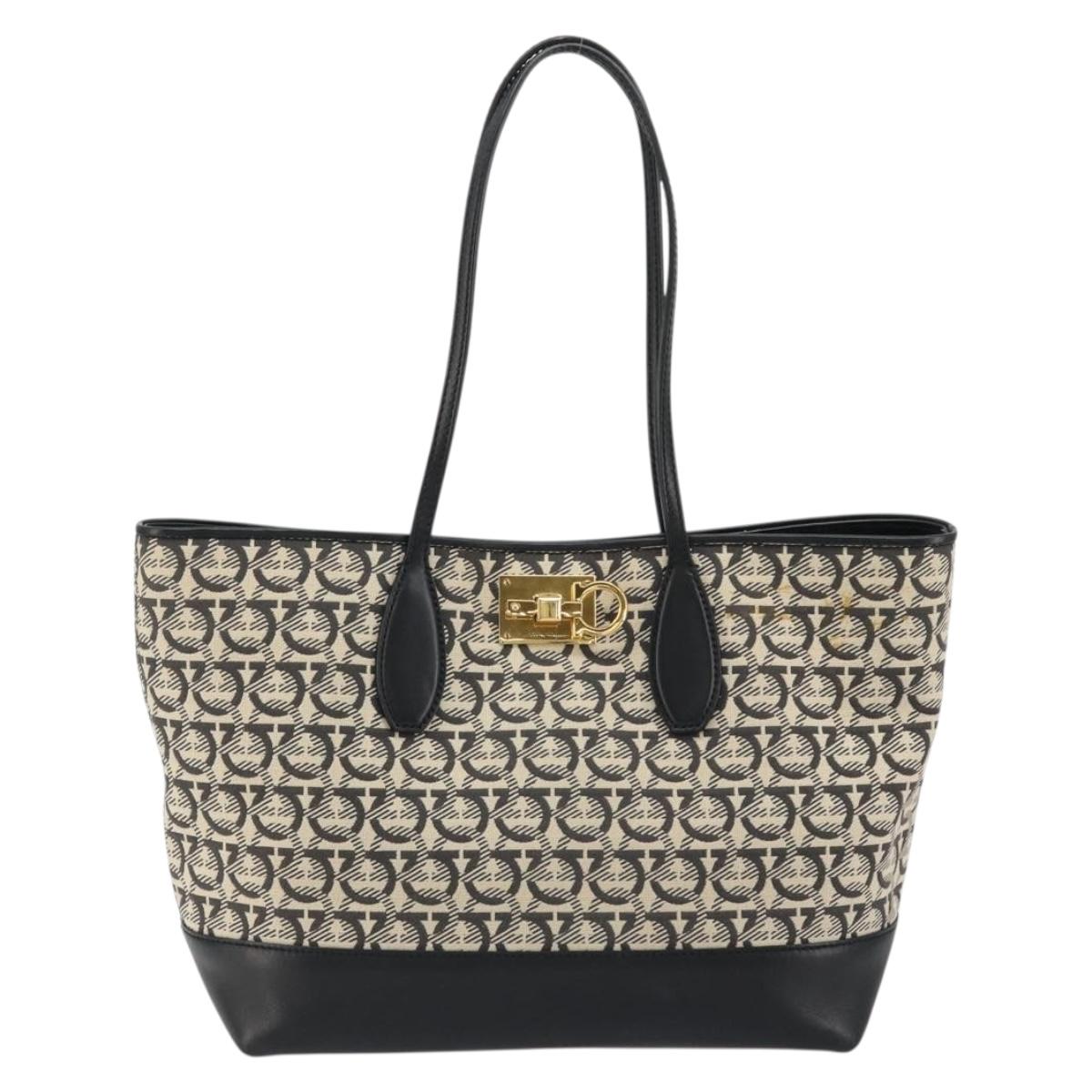 Salvatore Ferragamo Gancini Tote Bag Canvas Black Gold Auth YKZ1252A