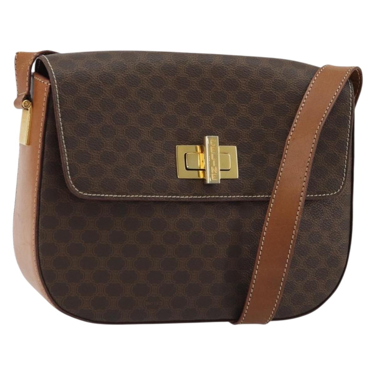 CELINE Macadam Canvas Shoulder Bag PVC Leather Brown Gold Auth YKZ1298