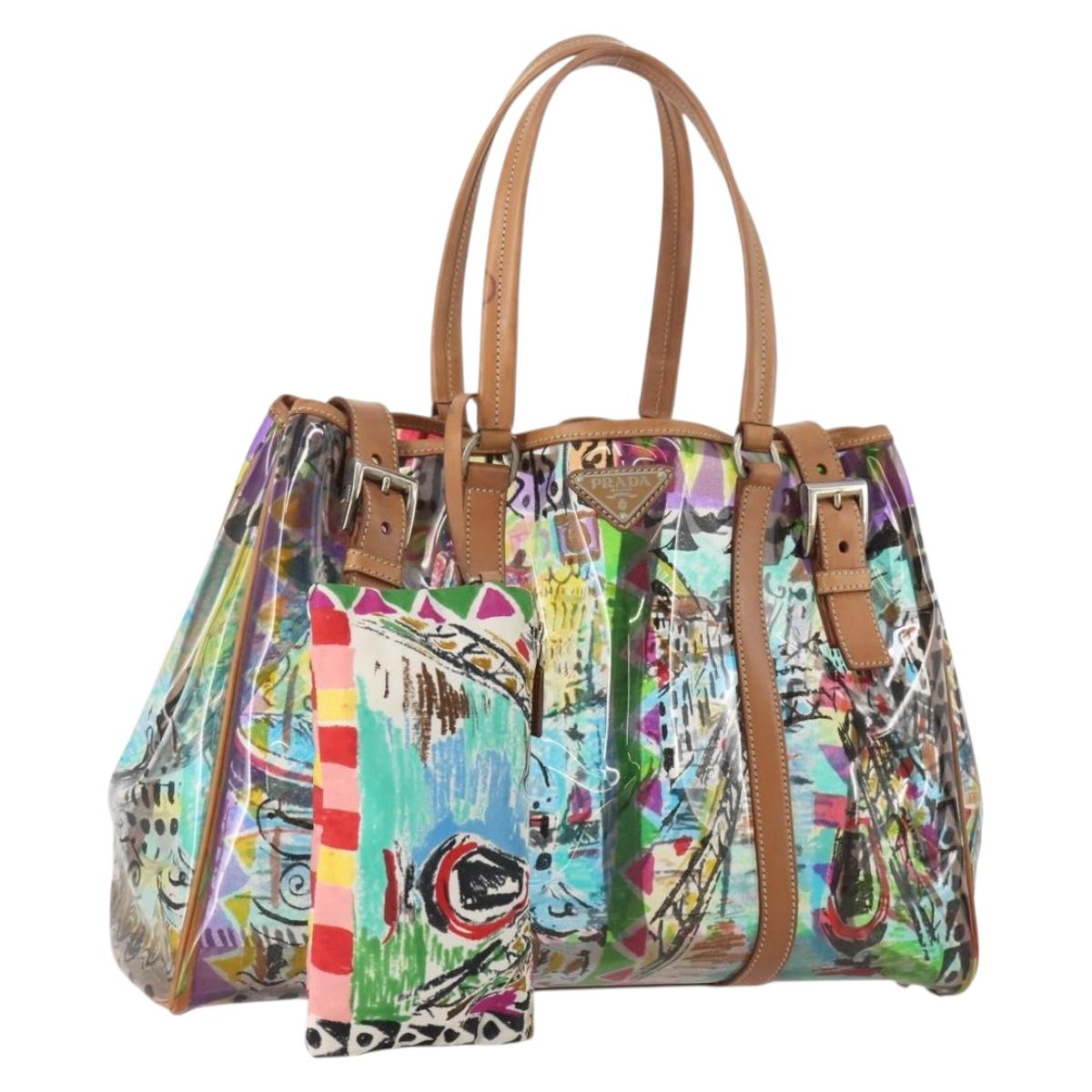 PRADA Hand Bag Vinyl Multicolor Silver Auth YKZ1299A
