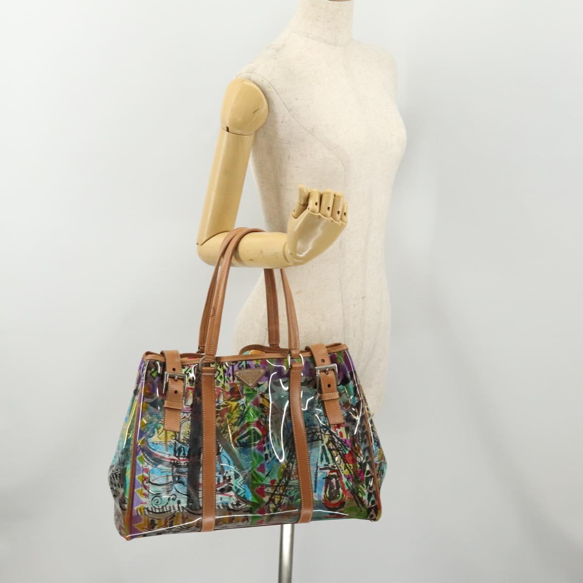 PRADA Hand Bag Vinyl Multicolor Silver Auth YKZ1299A