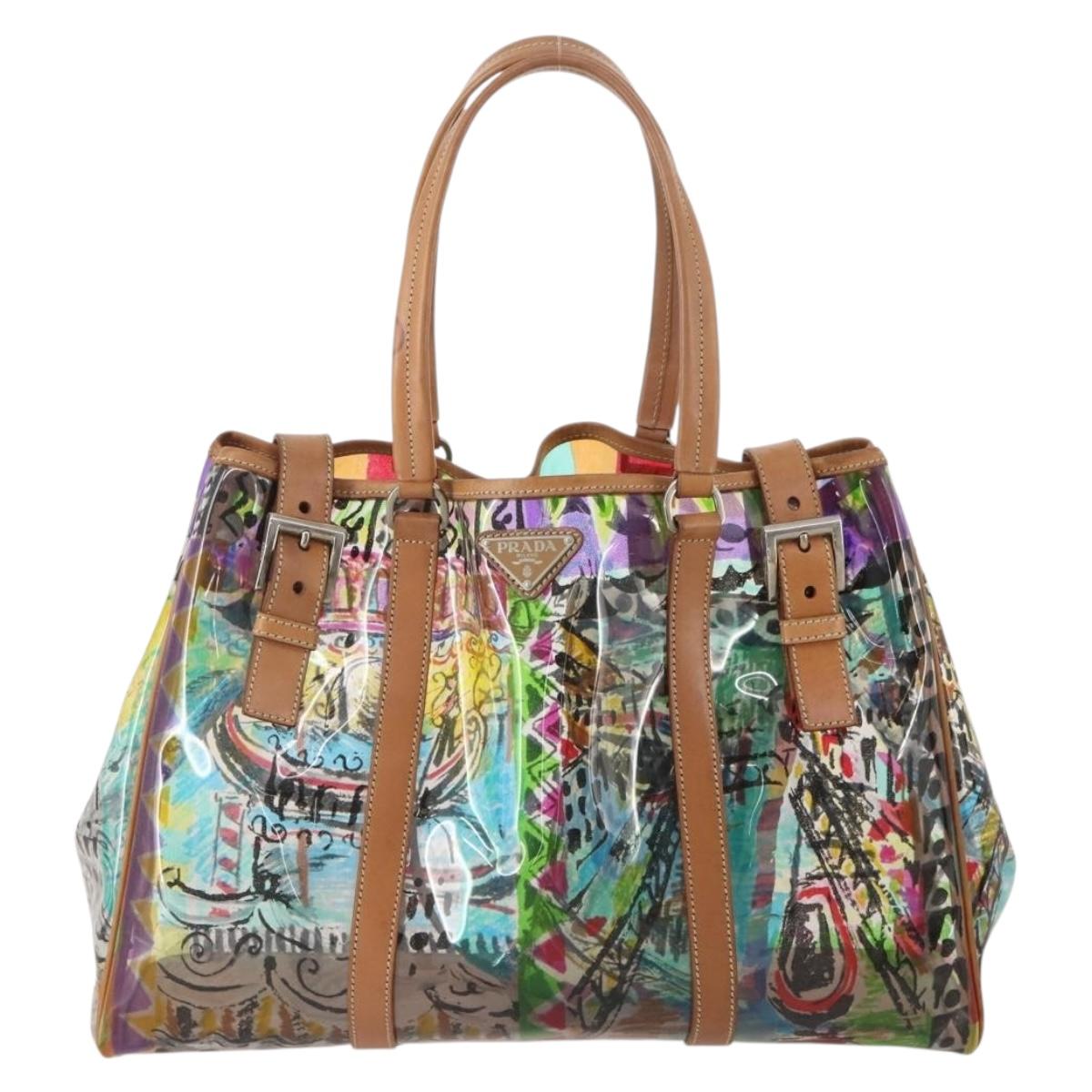 PRADA Hand Bag Vinyl Multicolor Silver Auth YKZ1299A