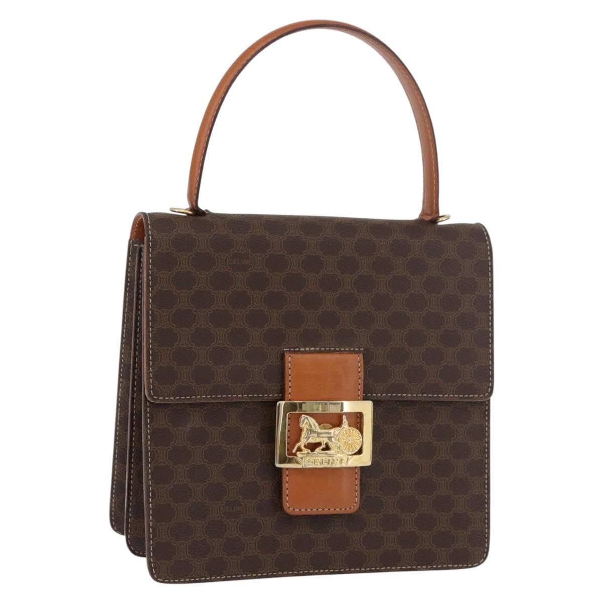 CELINE Macadam Canvas Horse Carriage Bag PVC Leather Brown Gold Auth YKZ1302