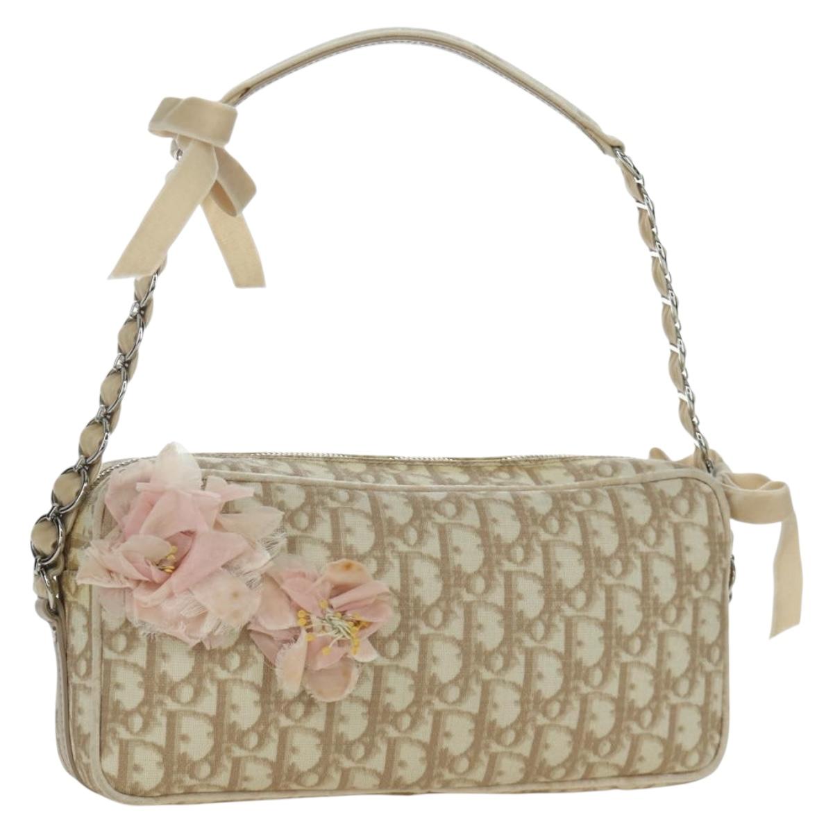 Christian Dior Trotter Canvas Girly Bag PVC Leather Beige Silver Auth YKZ130SAV