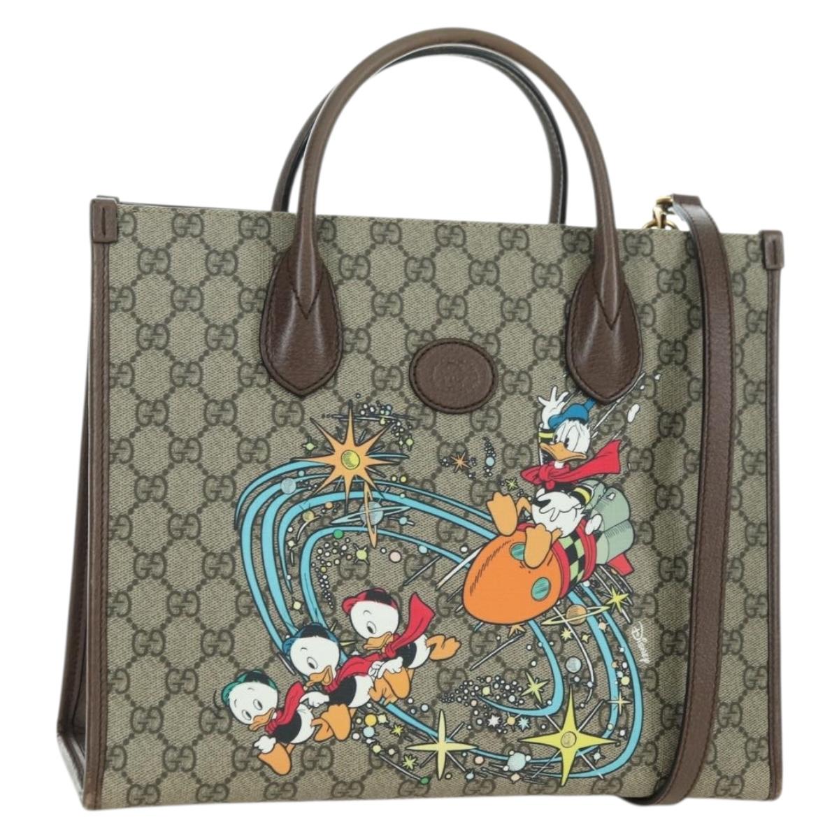 GUCCI GG Supreme Donald Duck Hand Bag PVC 2way Beige Gold 648134 Auth YKZ1322M